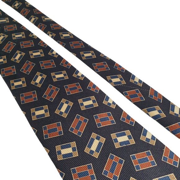 Burberrys Of London Men Silk Necktie Black Brown Geometric Pattern 4 Inches Wide - Picture 3 of 5